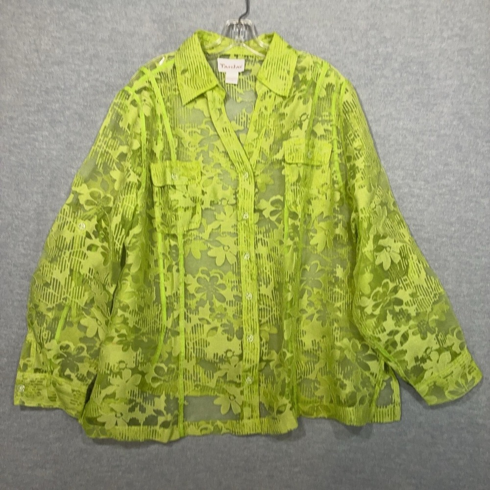 TanJay Blouse 22W Lime‎ Green Sheer Floral Button Up Long Sleeve Collared